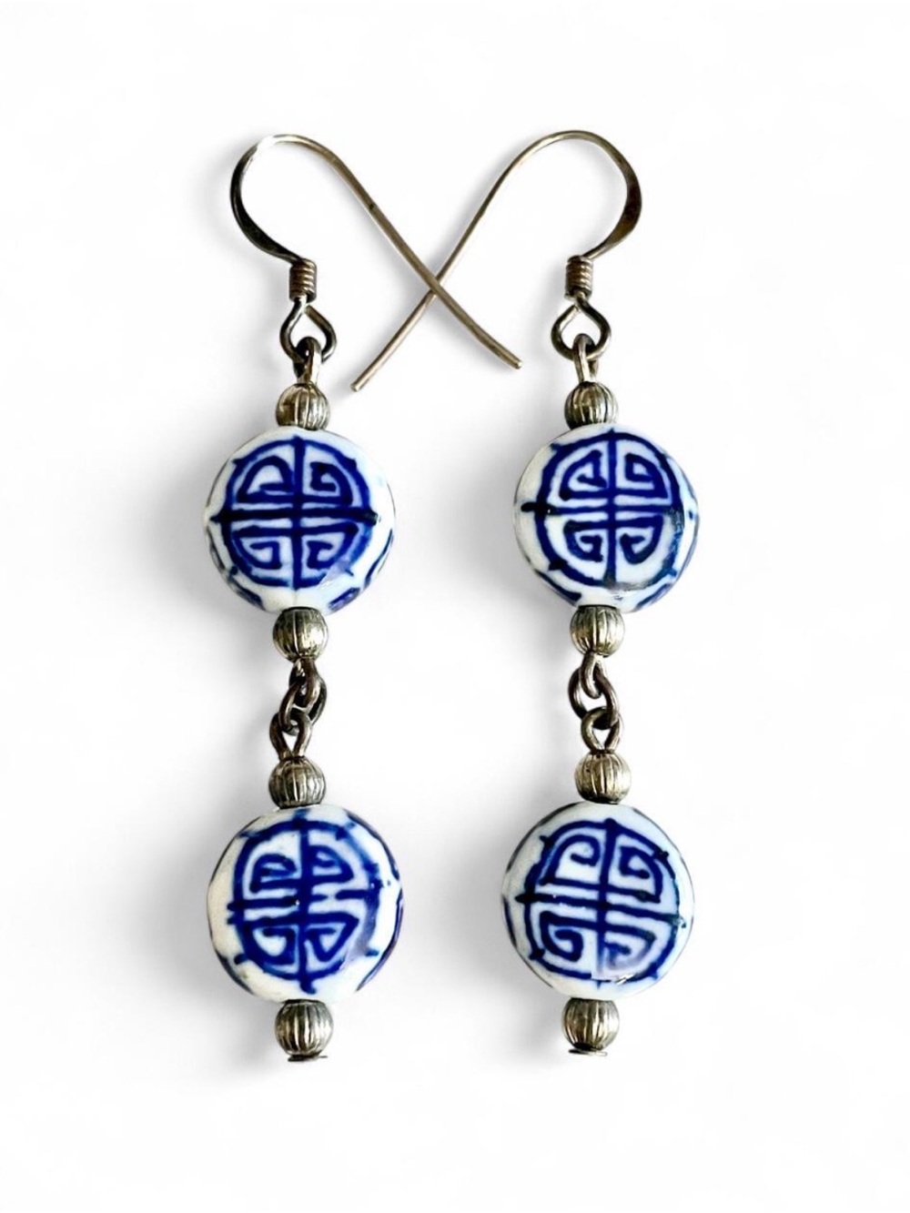 Vintage 1970s Artisan Chinese Shou Blue & White Porcelain Earrings Longevity EUC